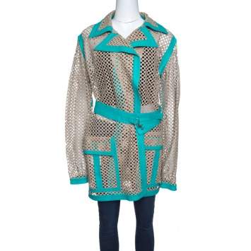 Pre Owned Gianni Versace Vintage Beige Cutout Leather Contrast Trim Belted Coat M