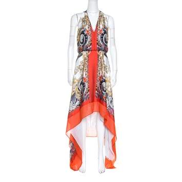 Pre Owned Versace Collection Multicolor Printed Plunge Neck Handkerchief Hem Detail Dress S