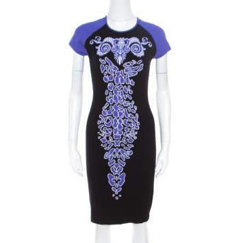 مملوكة مسبقًا Versace Collection Black and Purple Jacquard Knit Fitted Cap Sleeve Dress M