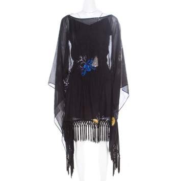 Pre Owned Versace Collection Black Shell Printed Silk Tasseled Edge Beach Kimono M