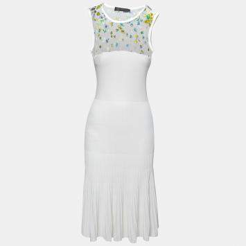 مملوكة مسبقًا Versace White Stretch Crepe Floral Printed Sheer Yoke Sleeveless Dress S