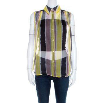 Pre Owned Versace Collection Multicolor Striped Sheer Silk Pearl Button Detail Sleeveless Shirt M