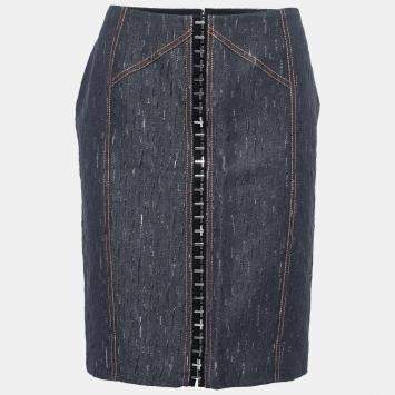 Pre Owned Versace Indigo Textured Denim Hook Detail Pencil Skirt M