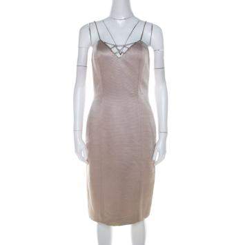 مملوكة مسبقًا Versace Classic V2 Metallic Ribbed Rhinestone Strap Detail Cocktail Dress S 