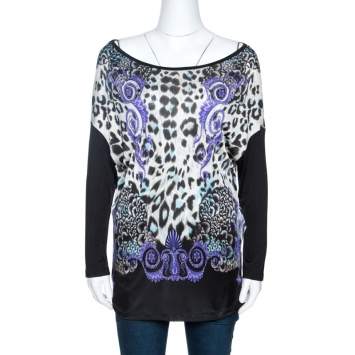 Pre Owned Versace Collection Black Printed Knit Dolman Sleeve Top S