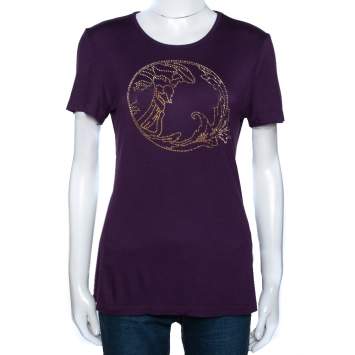 Pre Owned Versace Collection Aubergine Purple Jersey Studded Medusa T-Shirt M
