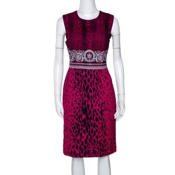 Pre Owned Versace Fuschia Pink Animal & Baroque Print Sheath Dress M