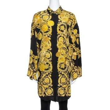 Pre Owned Versace Black Medusa Gold Chain Print Silk Shirt S