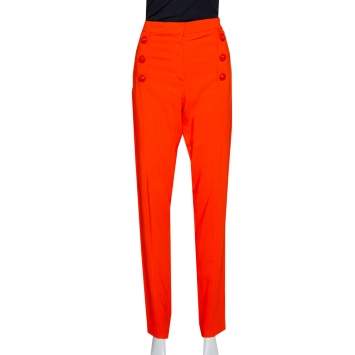 Pre Owned Versace Orange Crepe Medusa Button Detail Trousers L