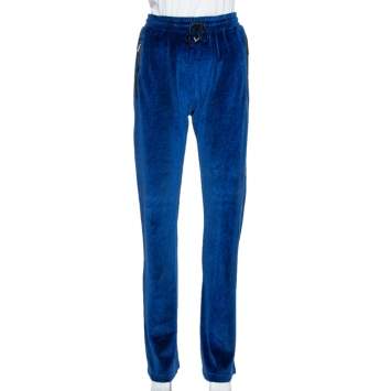 Pre Owned Versace Blue Velvet Medusa Embroidered Sweatpants XS