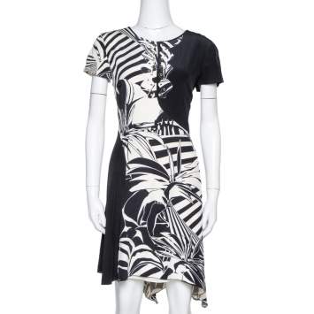 Pre Owned Versace Black Printed Silk Asymmetric Knee Length Dress M