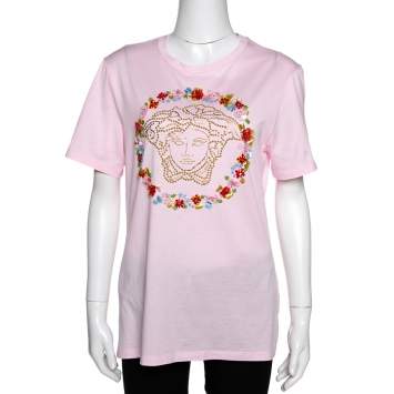 Pre Owned Versace Pink Cotton Medusa Embellished Crew Neck T-Shirt M