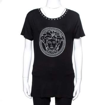 مملوكة مسبقًا Versace Black Jersey Medusa Icon Studded T-Shirt XL