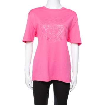 مملوكة مسبقًا Versace Pink Cotton Medusa Appliqued Crew Neck T-Shirt L
