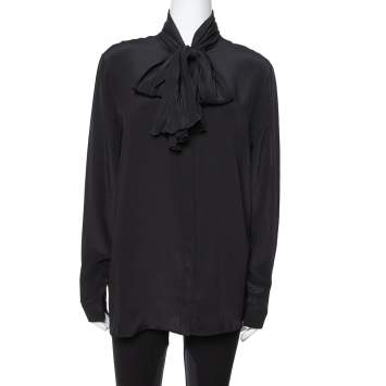 Pre Owned Versace Black Silk Tie Neck Detail Button Front Blouse L