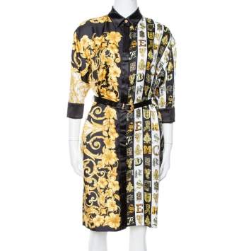 Pre Owned Versace Black Hibiscus Print Silk Belted Shirt Dress M