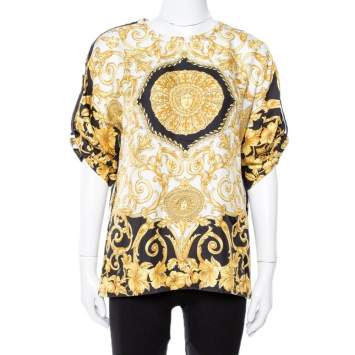 Pre Owned Versace Gold Hibiscus & Zeus Print Silk Short Sleeve Blouse M