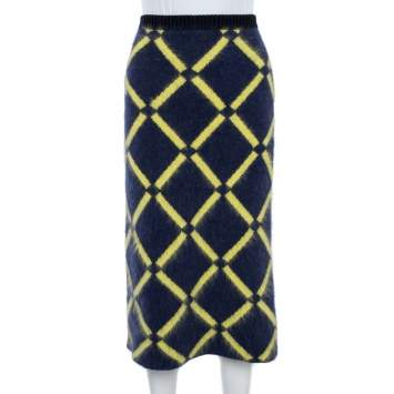 Pre Owned Versace Navy Blue Argyle Wool Knit Pencil Skirt M
