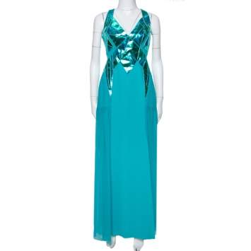 Pre Owned Versace Blue Leather Embellished & Silk Front Slit Detail Dress M