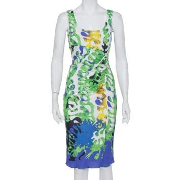 مملوكة مسبقًا Versace Multicolor Knit Ruched Sleeveless Midi Dress M
