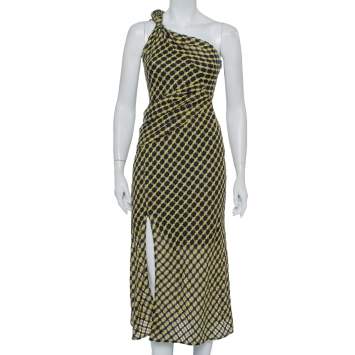 Pre Owned Versace Black & Yellow Wool Open Weave One Shoulder Midi Dress S