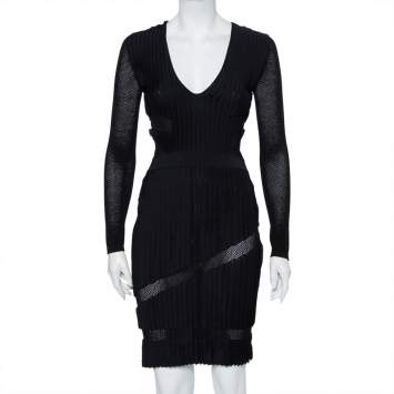 Pre Owned Versace Black Perforated Knit Plunge Neck Sheath Dress S