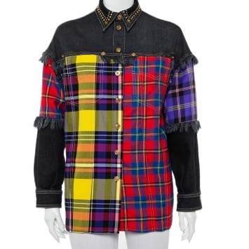 Pre Owned Versace Black Denim & Multicolor Plaided Wool Paneled Rockstud Collar Detail Shirt M