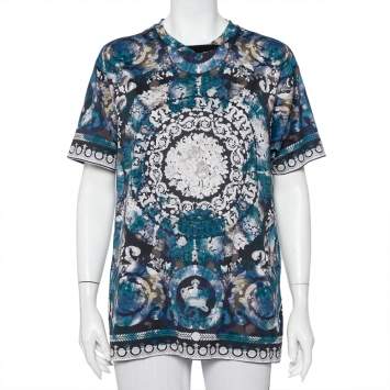 Pre Owned Versace Blue Printed Cotton Oversized Crewneck T-Shirt S
