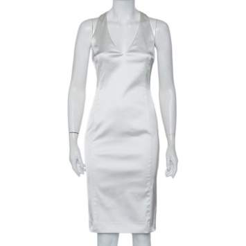 Pre Owned Versace White Sateen Plunge Neck Sheath Dress S