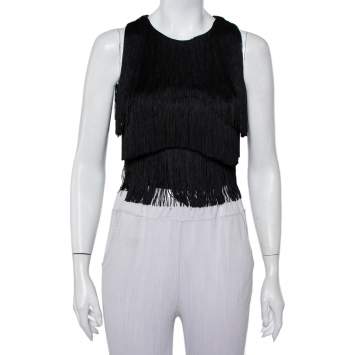 Pre Owned Versace Black Silk Fringed Sleeveless Crop Top S