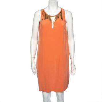 Pre Owned Versace Peach Pink Silk Embellished Neck Detail Sleeveless Shift Dress L