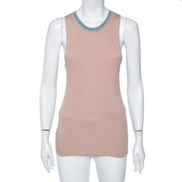 Pre Owned Versace Beige Knit Logo Neck Detail Tank Top L 