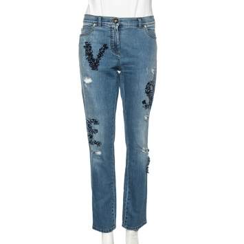 Pre Owned Versace Stone Washed Blue Cotton Logo Embroidered Jeans L 