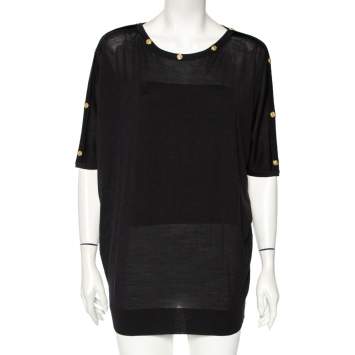 Pre Owned Versace Black Wool Medusa Button Detail Oversized Top M 