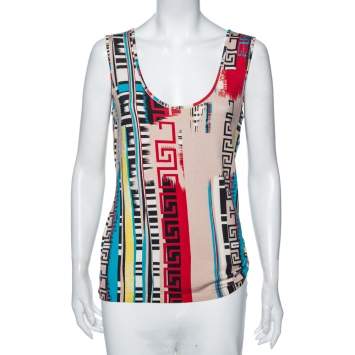 Pre Owned Versace Multicolored Greca Print Silk Knit Tank Top L