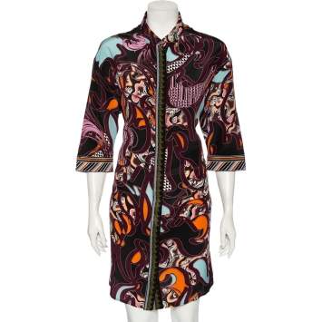 Pre Owned Versace Multicolored Printed Silk Button Front Shirt Dress L