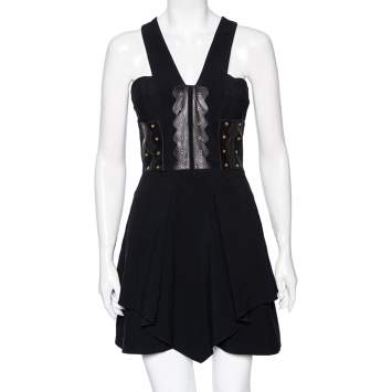 Pre Owned Versace Black Crepe Eyelet Leather Trim Detailed Sleeveless Short Dress S