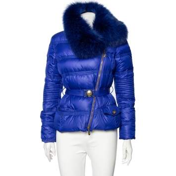 Pre Owned Versace Collection Blue Down Quilted & Fur Trimmed Belted Jacket M