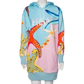 Pre Owned Versace Multicolor Embellished Logo Star Fish Printed Cotton Hooded Sweater Dress S