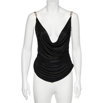 Pre Owned Versace Black Jersey Gold Logo Chain Strap Detail Top M