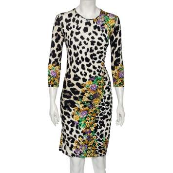 Pre Owned Versace Multicolored Printed Jersey Ruched Dress L