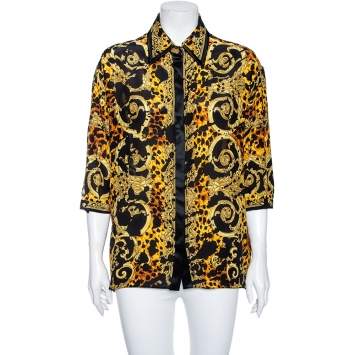 Pre Owned Versace Multicolored Printed Silk Cut Out Sleeve Detail Blouse L
