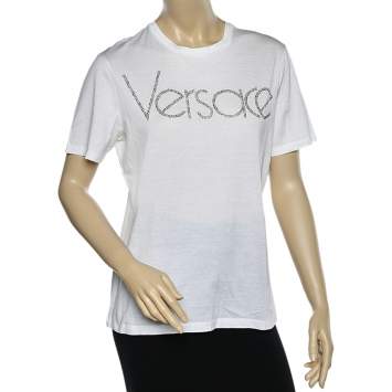 Pre Owned Versace White Logo Embellished Cotton Short Sleeve T-Shirt M