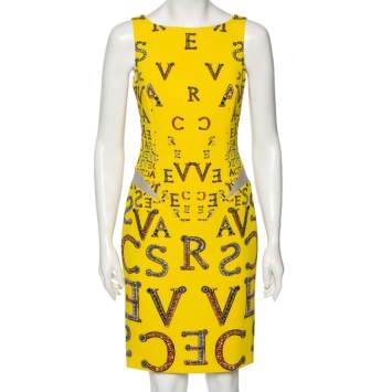 Pre Owned Versace Yellow Printed Silk Leather Trim Detailed Bodycon Dress S