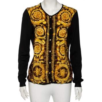 Pre Owned Versace Wool Knit & Baroque Printed Silk Paneled Button Front Cardigan L