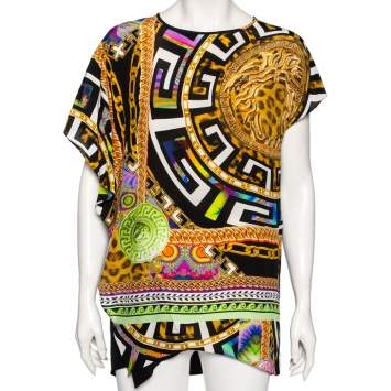 Pre Owned Versace Multicolored Medusa & Cheetah Printed Silk Blouse M 