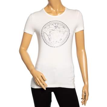 Pre Owned Versace Off-White Stretch Knit Medusa Embellished T-Shirt S 