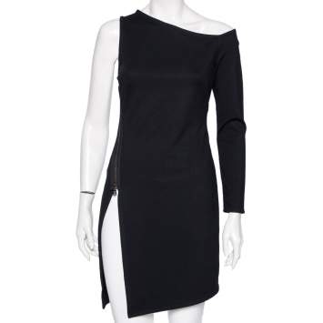 Pre Owned Versace Black Stretch Knit Slit Detail Asymmetric One-Sleeve Dress M 