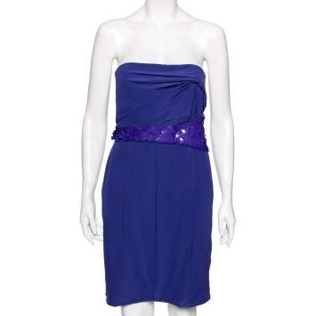 Pre Owned Versace Blue Crepe Embellished Detail Strapless Mini Dress M
