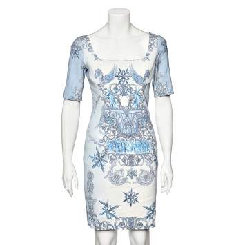 Pre Owned Versace Blue Baroque Printed Crepe Sheath Dress M
